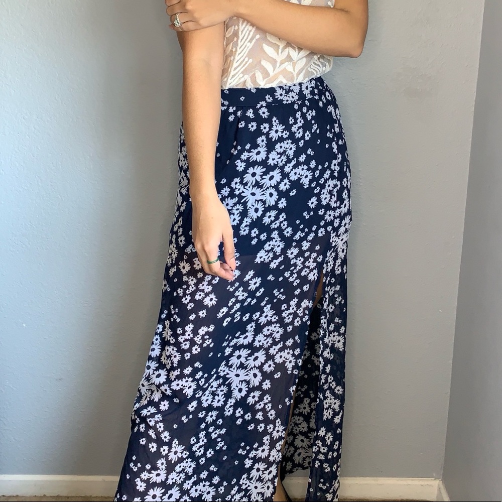 Hollister Navy Floral Double Slide Slit Maxi Skirt